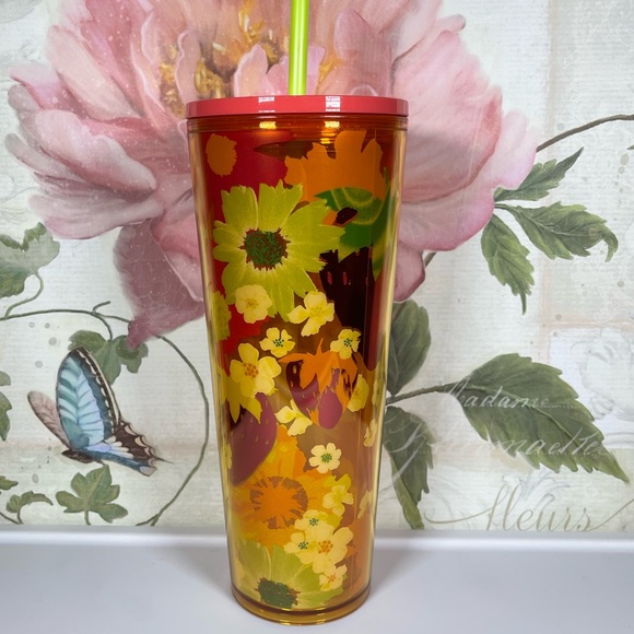 New Starbucks 2022 Strawberry Fields Orange Floral Pink Seed Printed Lid… - Picture 1 of 5